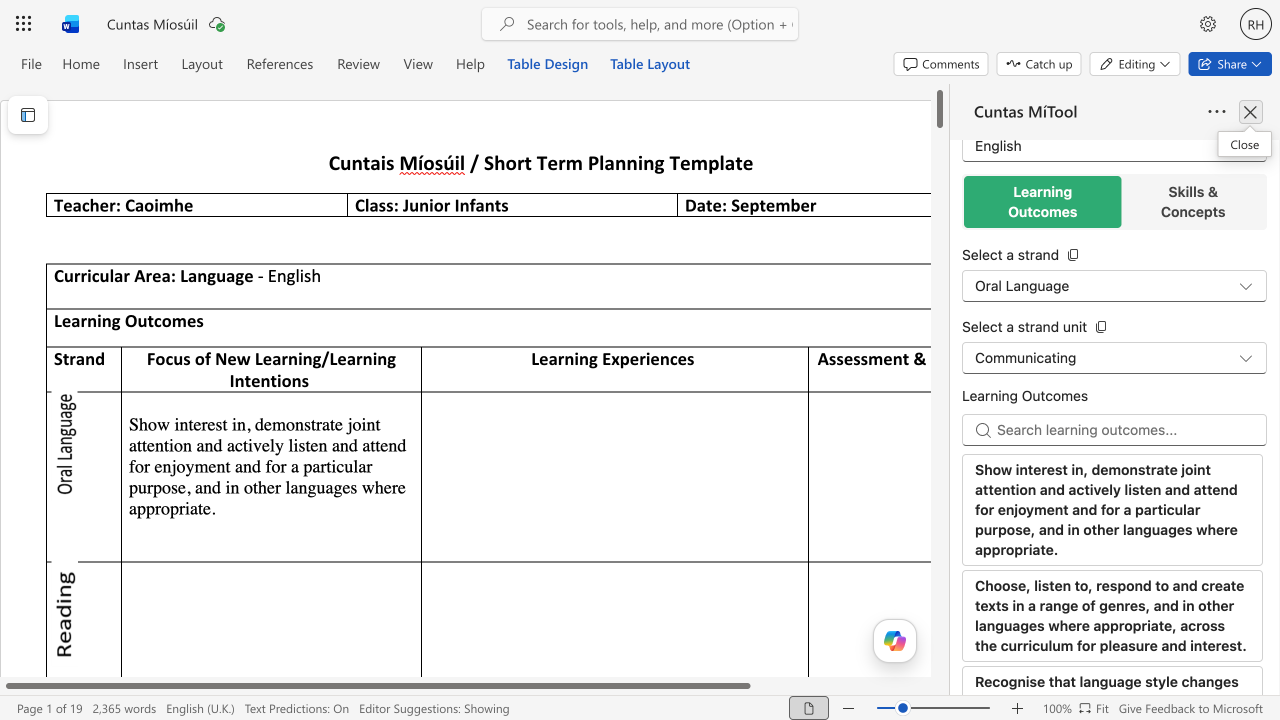 Cuntas MíTool open in Microsoft Word, showing learning outcomes being inserted into a Cuntais Míosúil planning template